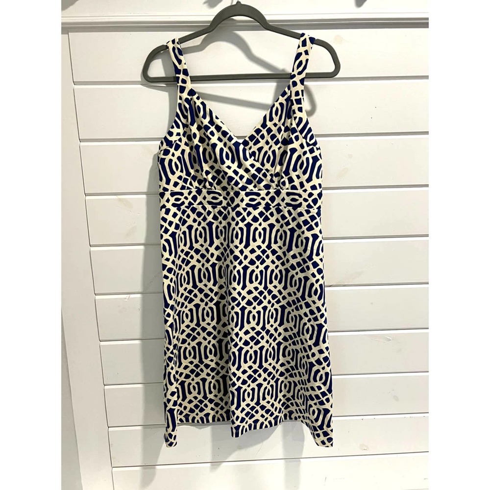 J. McLaughlin Blue Cream Printed Knit Sleeveless Dress Sheath Size Large